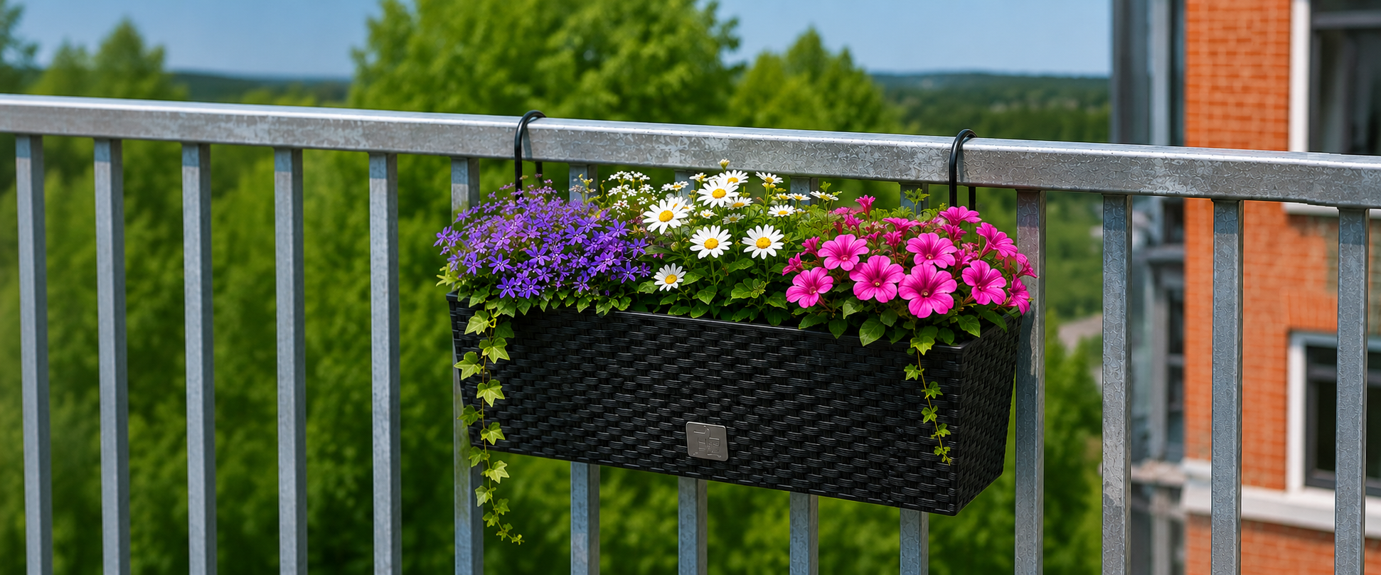 Sort selvvandende altankasse med blomster p� altanr�kv�rk