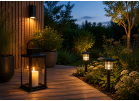 Udend�rsbelysning med lanterne, solcellelamper og v�glampe p� en terrasse ved skumring