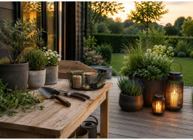 Haveredskaber, havetilbeh�r og udend�rsbelysning p� en hyggelig terrasse