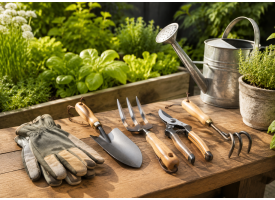 Haveredskaber med planteske, besk�resaks, h�ndkultivator og havehandsker p� et tr�bord