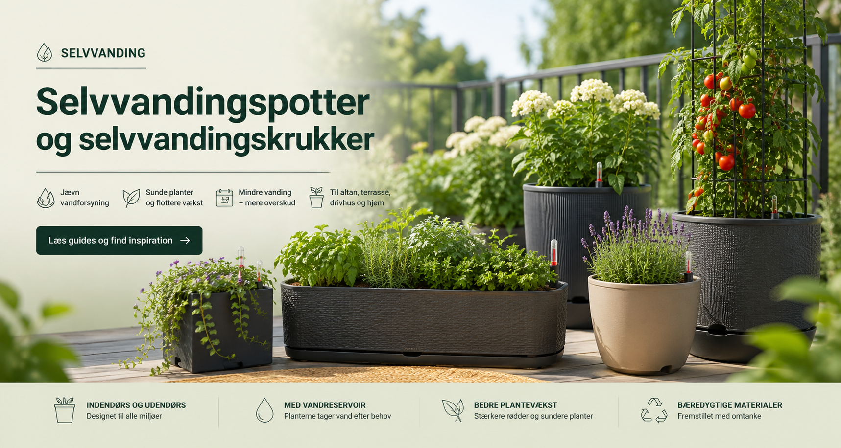 Selvvandingspotter og selvvandingskrukker med gr�nne planter p� terrasse