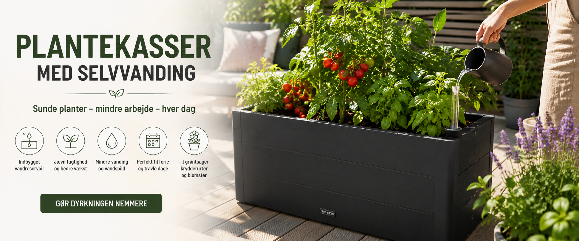 Selvvandende plantekasse med tomater, krydderurter og vandreservoir p� en solrig terrasse.