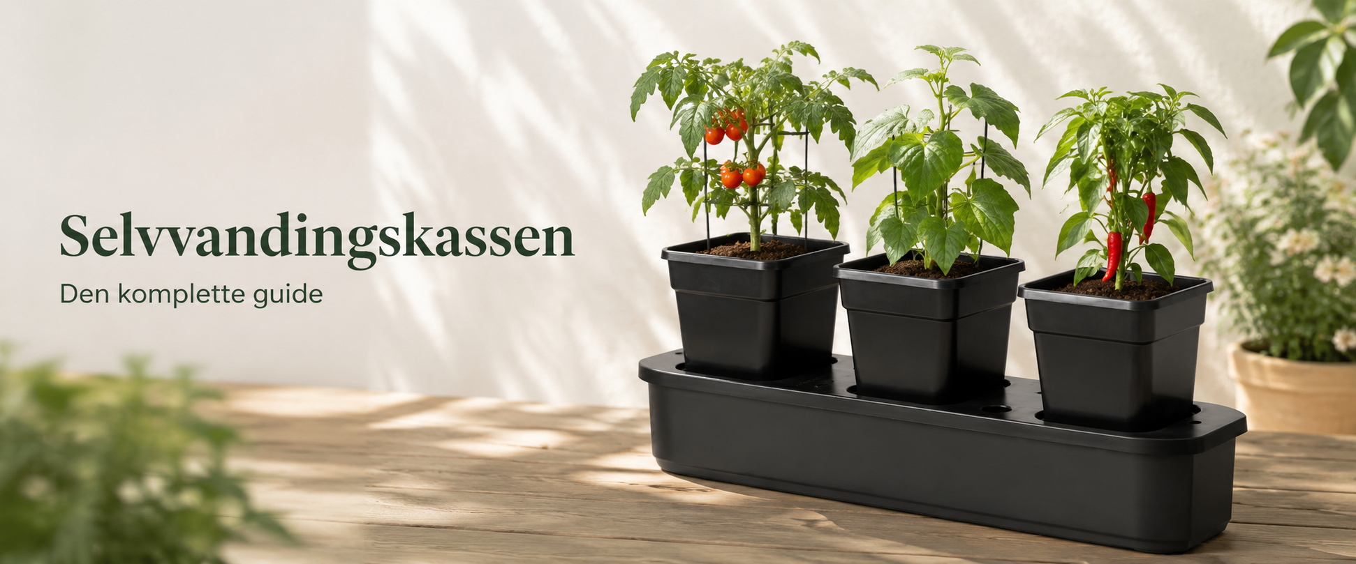 Selvvandingskassen med tre plantepotter til tomater, chili og andre gr�ntsager.