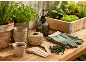Havetilbeh�r med planteclips, opbindingssnor, planteskilte, dyrkningspotter, sprayflaske og havehandsker
